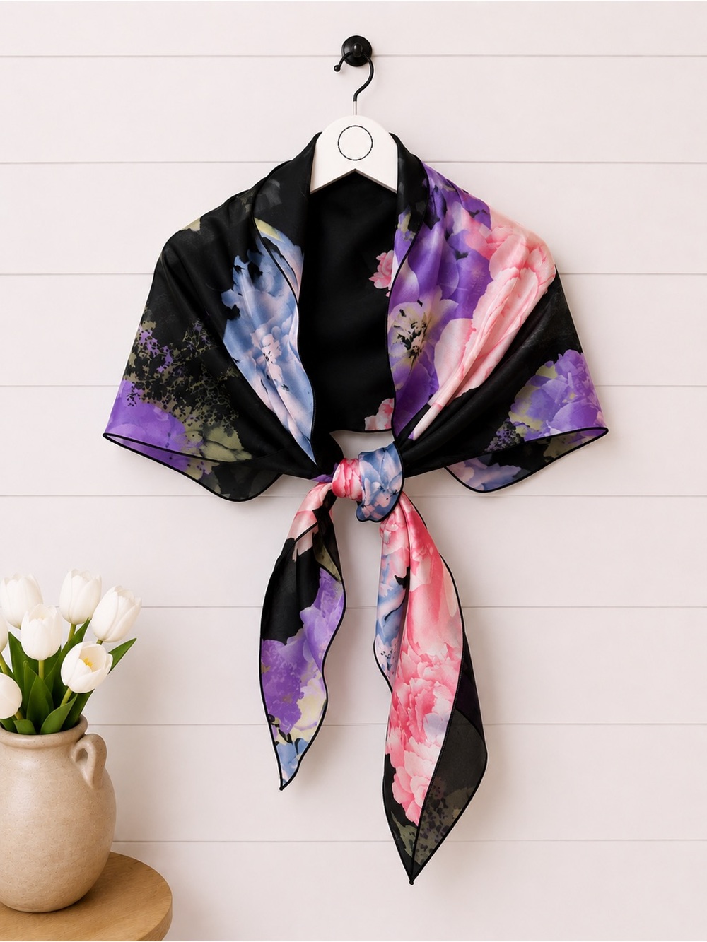 Black Floral Silk Scarf with Pink & Purple Blooms